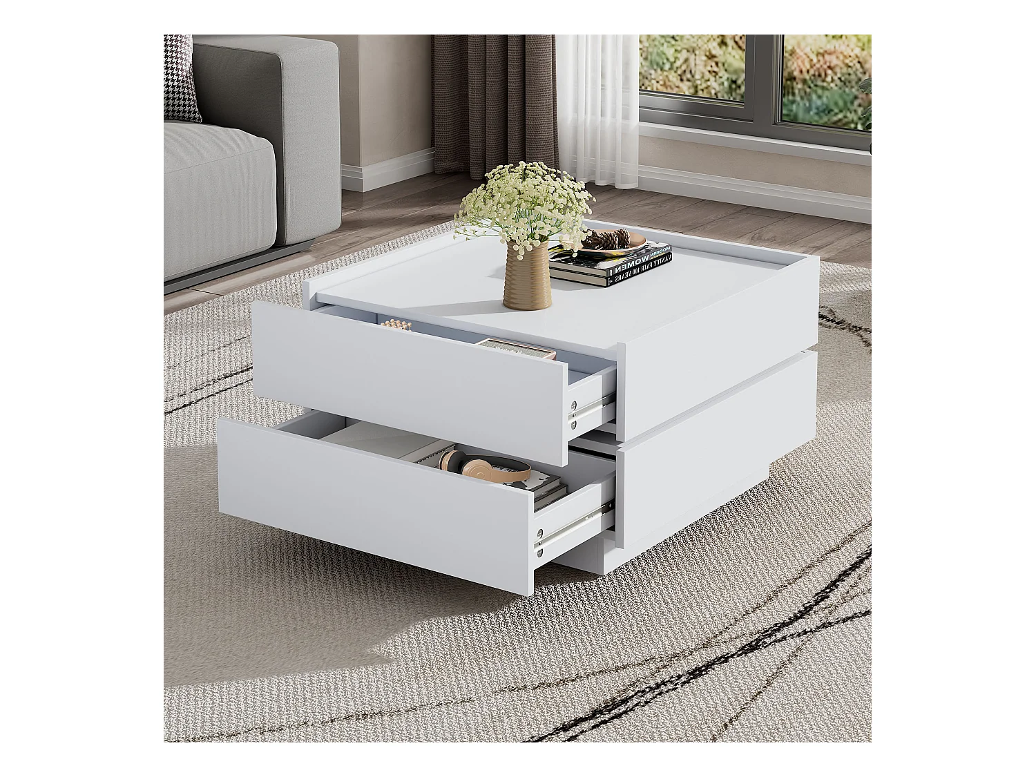 Table basse 60x60x38cm pivotante 2 étagères rangement blanc pour salon