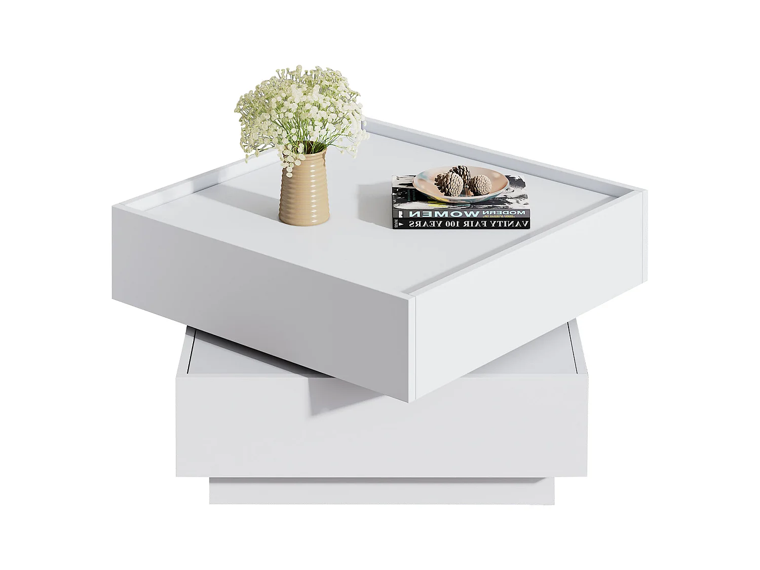 Table basse 60x60x38cm pivotante 2 étagères rangement blanc pour salon