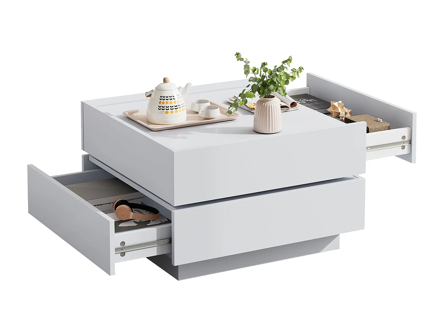 Table basse 60x60x38cm pivotante 2 étagères rangement blanc pour salon