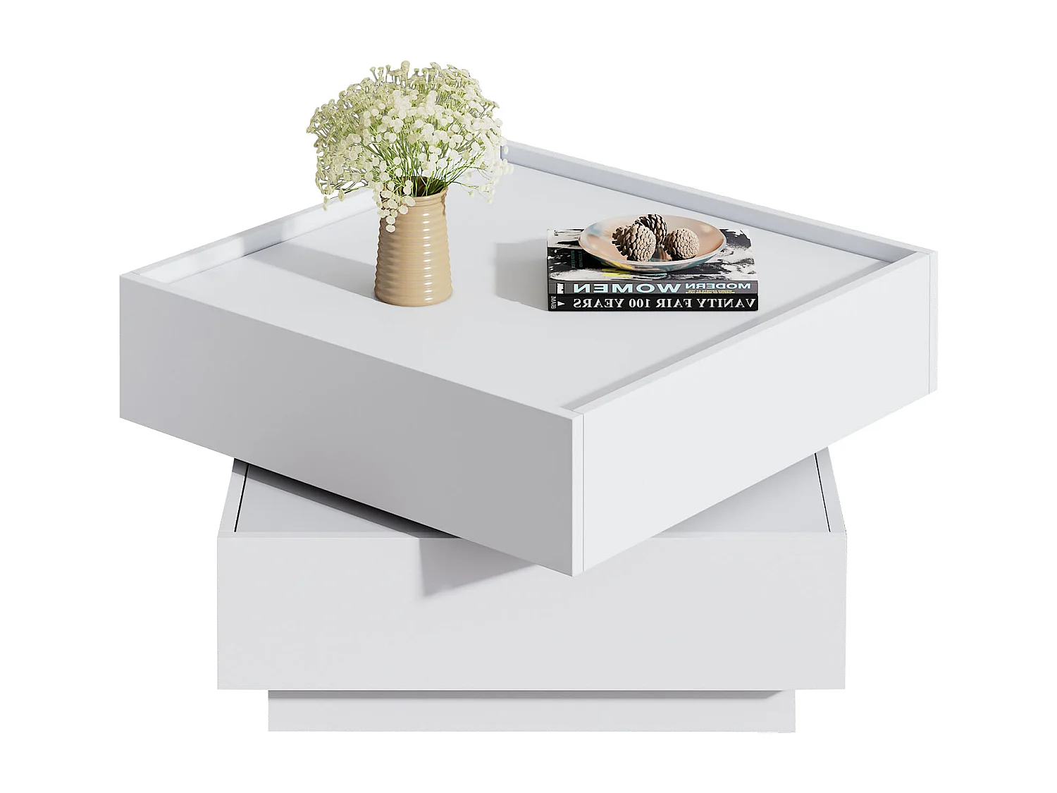 Table basse 60x60x38cm pivotante 2 étagères rangement blanc pour salon