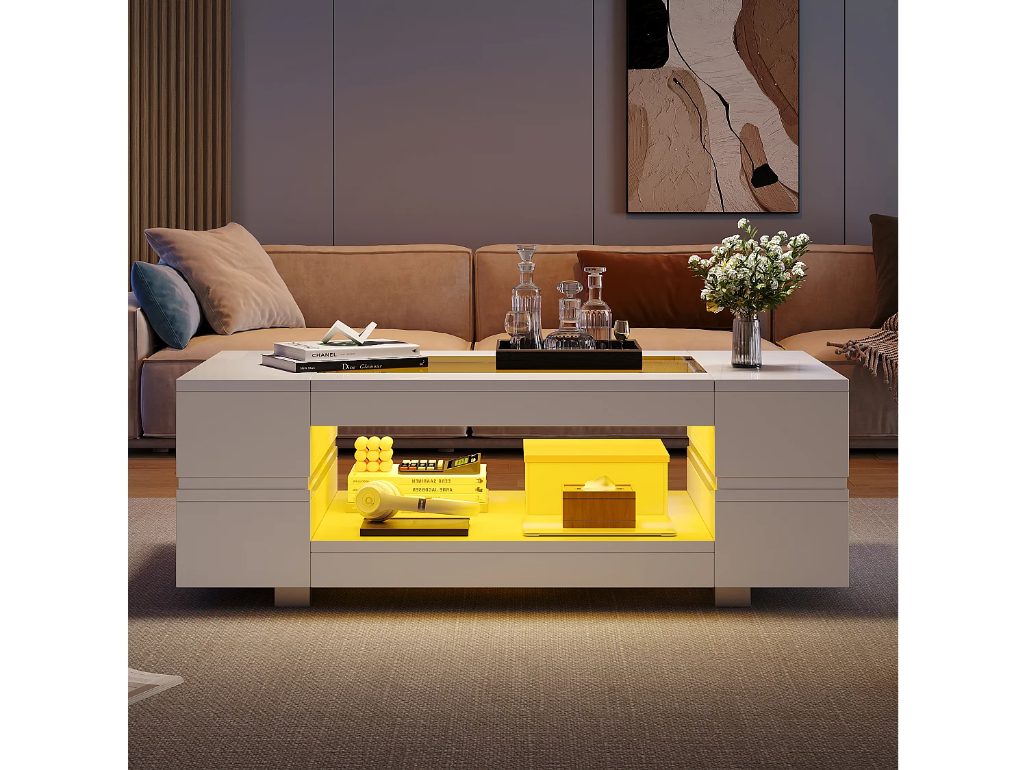 Table basse LED blanche avec commande application multifonction Blanc pour salon bureau et fête