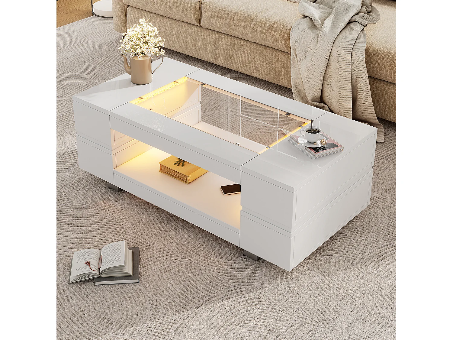 Table basse LED blanche avec commande application multifonction Blanc pour salon bureau et fête