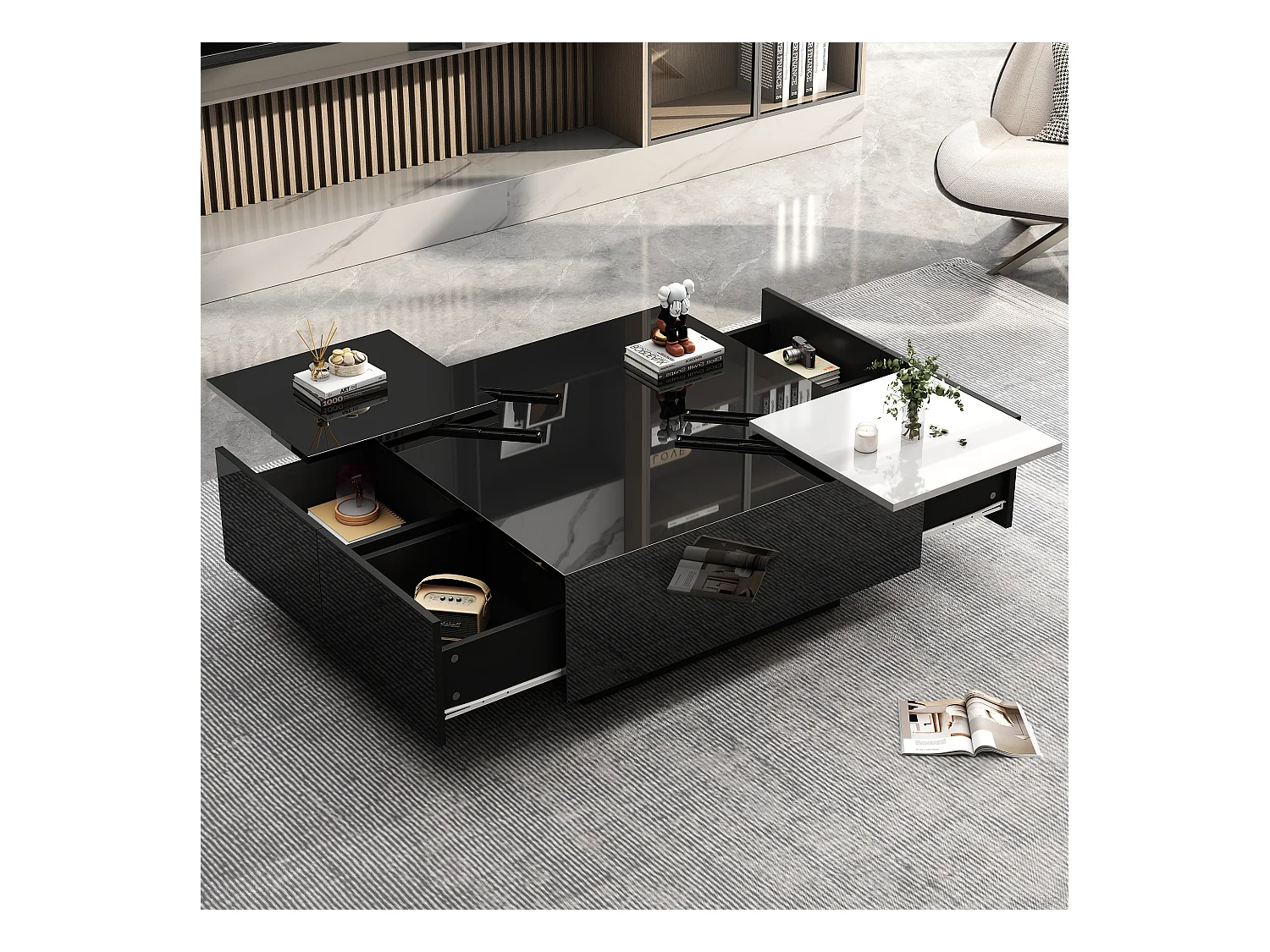 Table basse 75x75x33.5cm brillant étagères plateau amovible contraste blanc noir pour salon