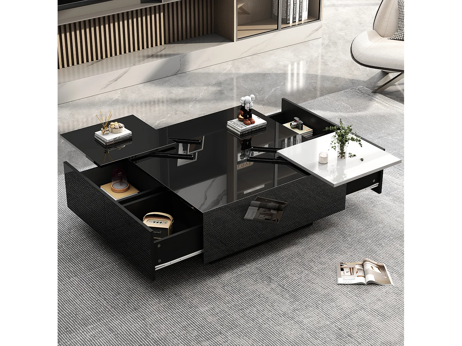 Table basse 75x75x33.5cm brillant étagères plateau amovible contraste blanc noir pour salon