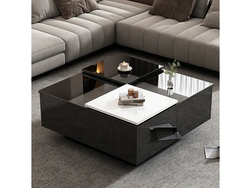 Table basse 75x75x33.5cm brillant étagères plateau amovible contraste blanc noir pour salon