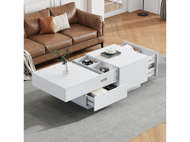 Salontafel 100x50x35cm LED gemarmerd glas 2 lades wit voor woonkamer