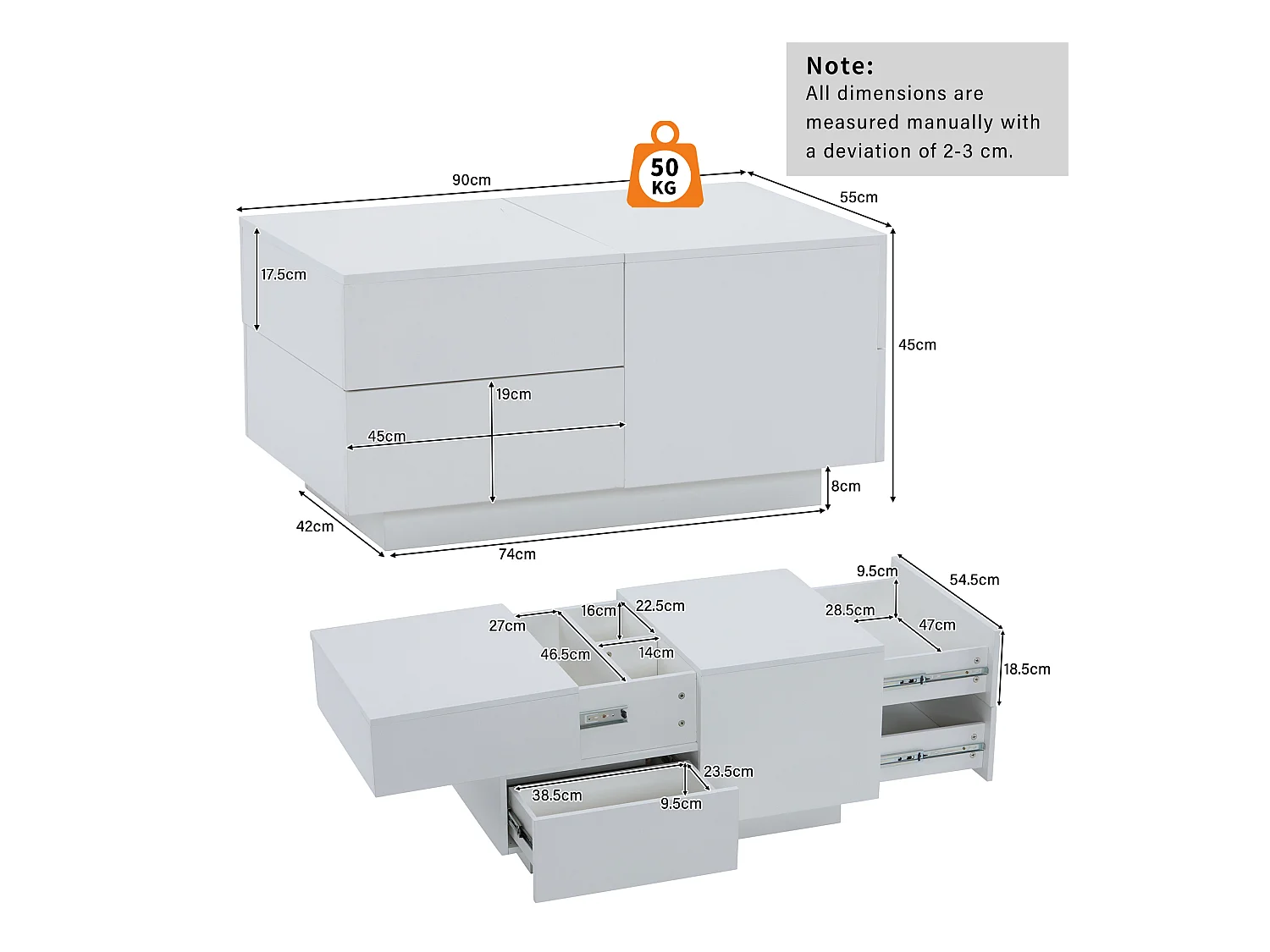 Salontafel 100x50x35cm LED gemarmerd glas 2 lades wit voor woonkamer