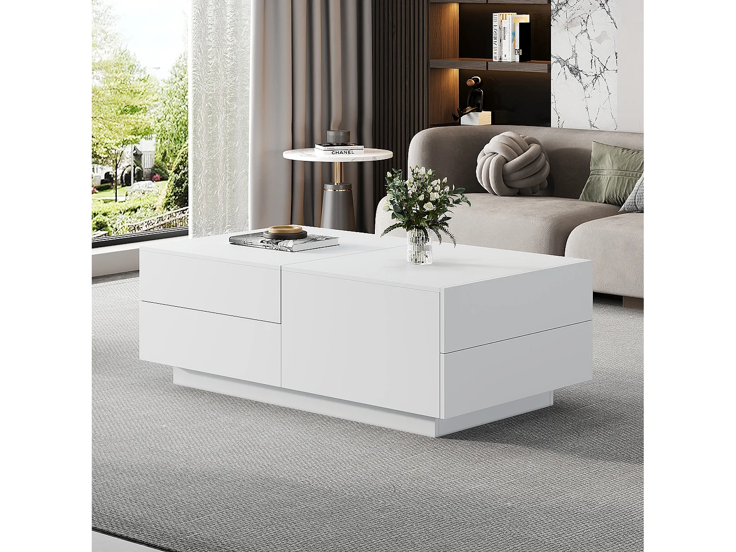 Salontafel 100x50x35cm LED gemarmerd glas 2 lades wit voor woonkamer