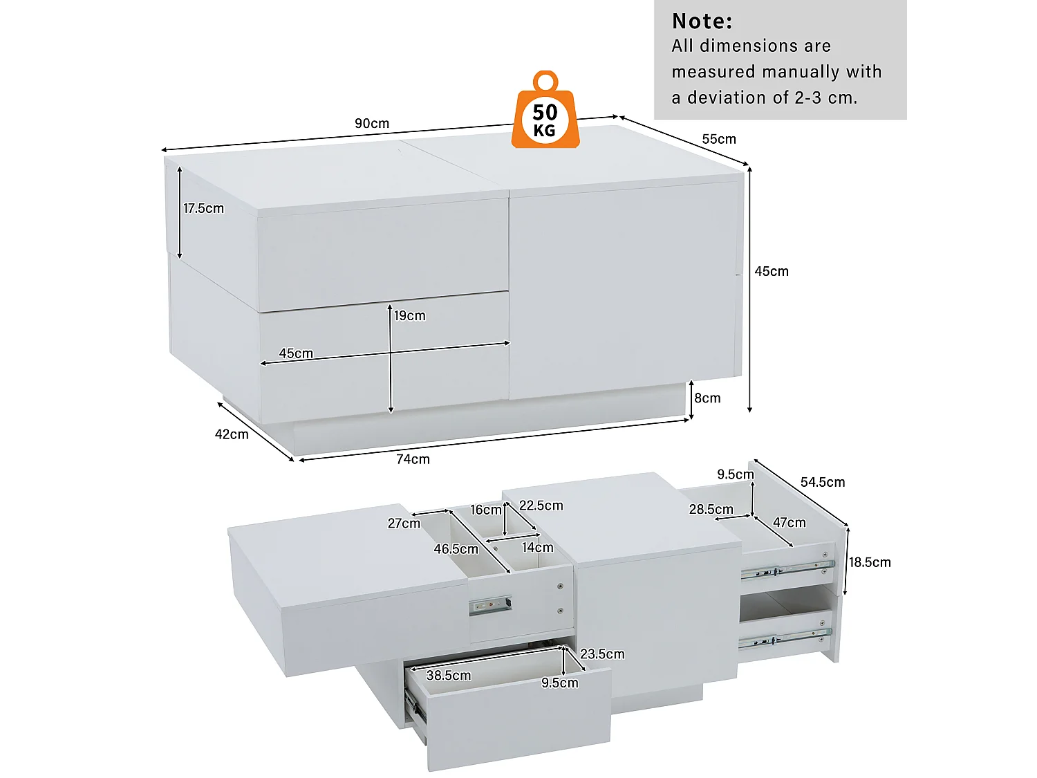 Table basse 90x55x45cm LED verre marbré 2 tiroirs blanc pour salon