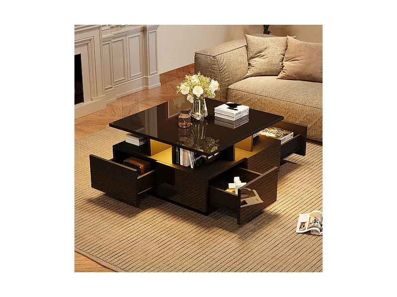 Table basse 70x70x40 cm LED 4 tiroirs design géométrique noir salon contemporain