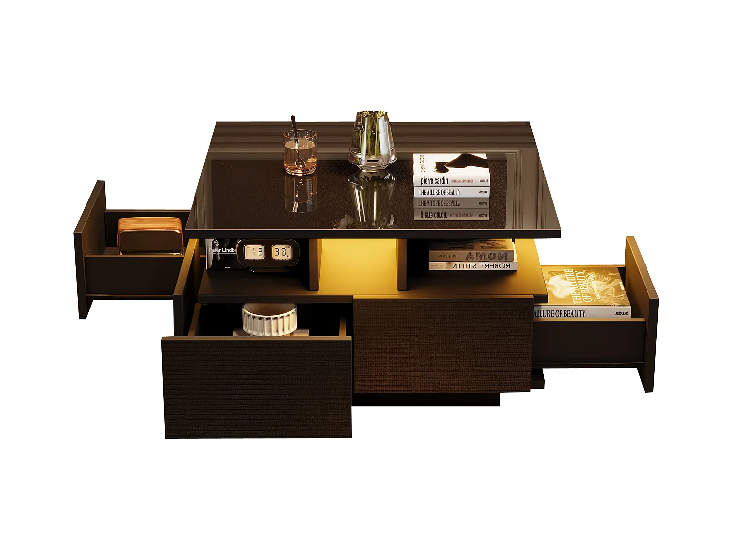 Table basse 70x70x40 cm LED 4 tiroirs design géométrique noir salon contemporain