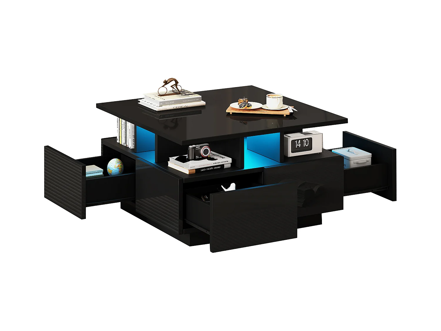 Table basse 70x70x40 cm LED 4 tiroirs design géométrique noir salon contemporain