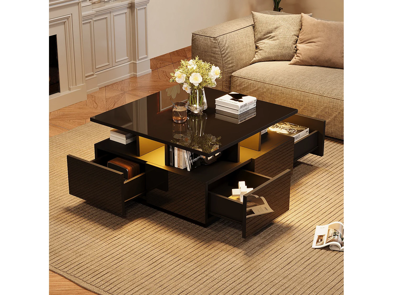 Salontafel 70x70x40 cm LED 4 laden geometrisch design zwart moderne woonkamer