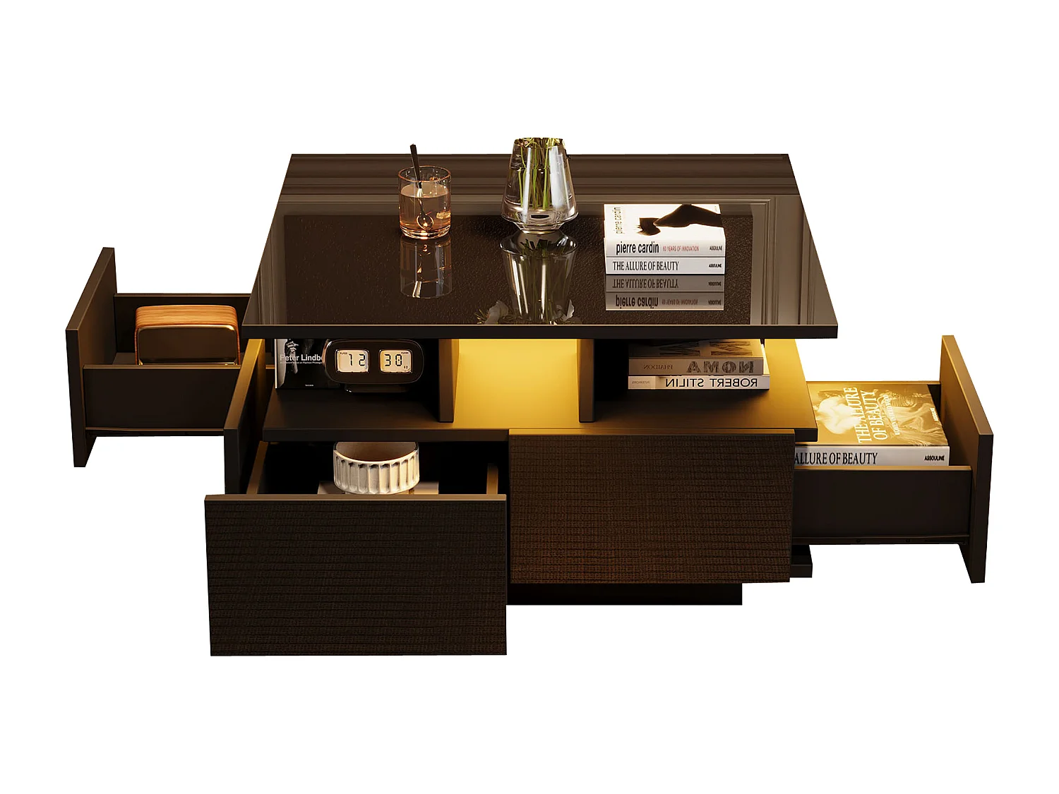 Salontafel 70x70x40 cm LED 4 laden geometrisch design zwart moderne woonkamer