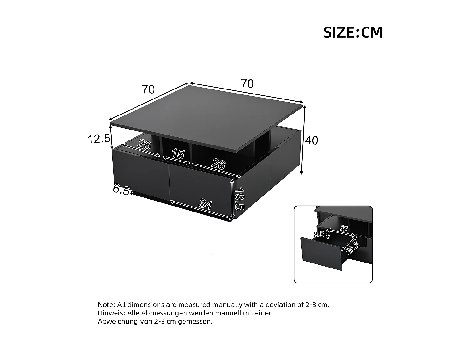 Salontafel 70x70x40 cm LED 4 laden geometrisch design zwart moderne woonkamer