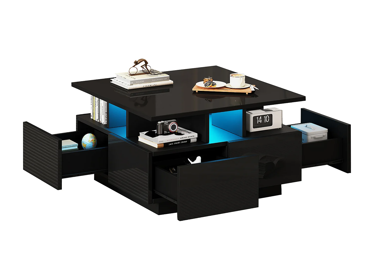 Table basse 70x70x40 cm, LED contrôlée par application, 4 tiroirs, 3 niveaux, panneaux de particules, noir