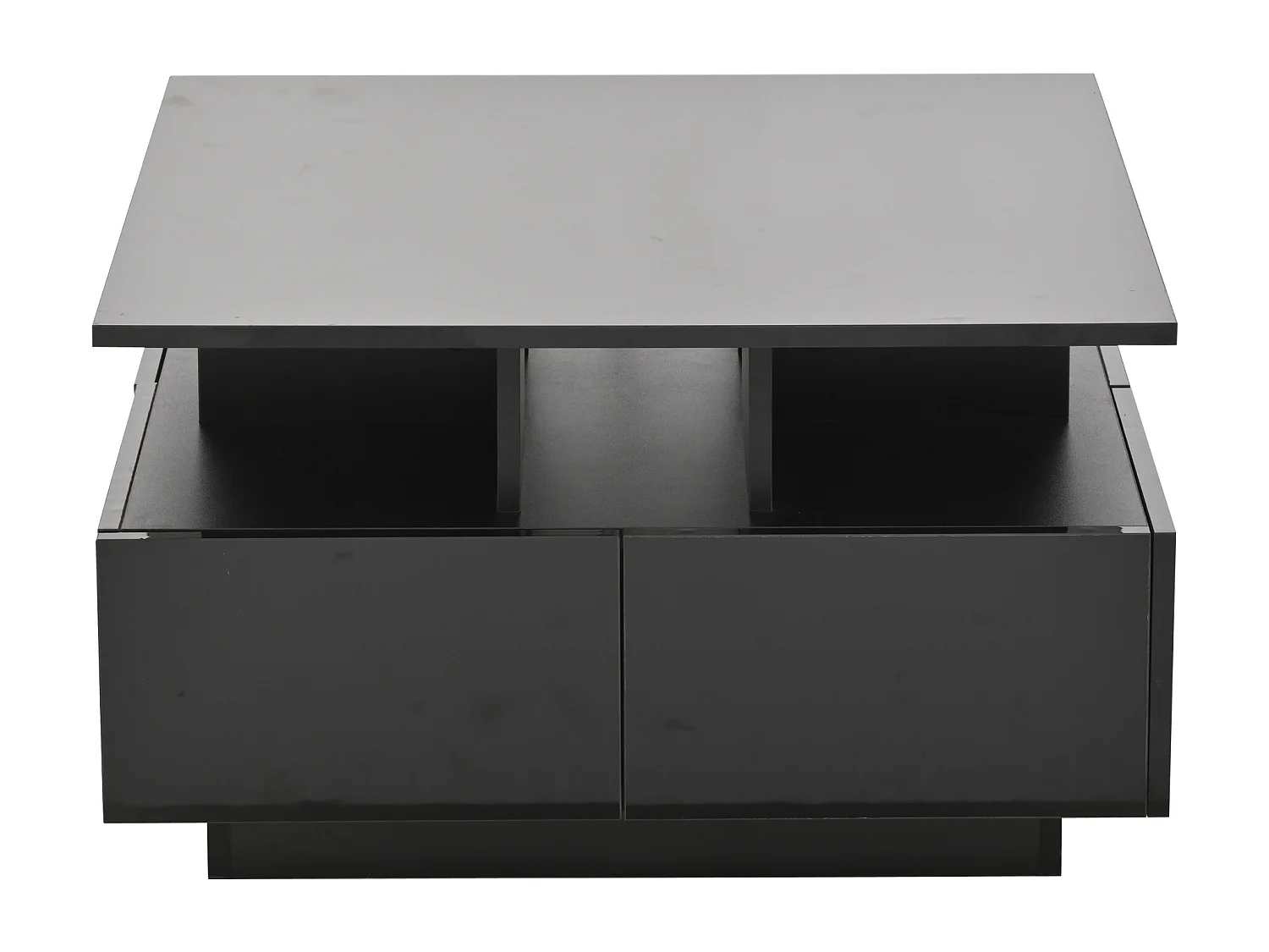 Table basse 70x70x40 cm, LED contrôlée par application, 4 tiroirs, 3 niveaux, panneaux de particules, noir