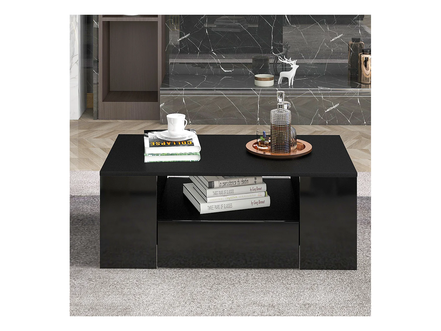 Table basse moderne 95x53x37cm finition brillante 2 tiroirs 2 étagères Noir pour salon