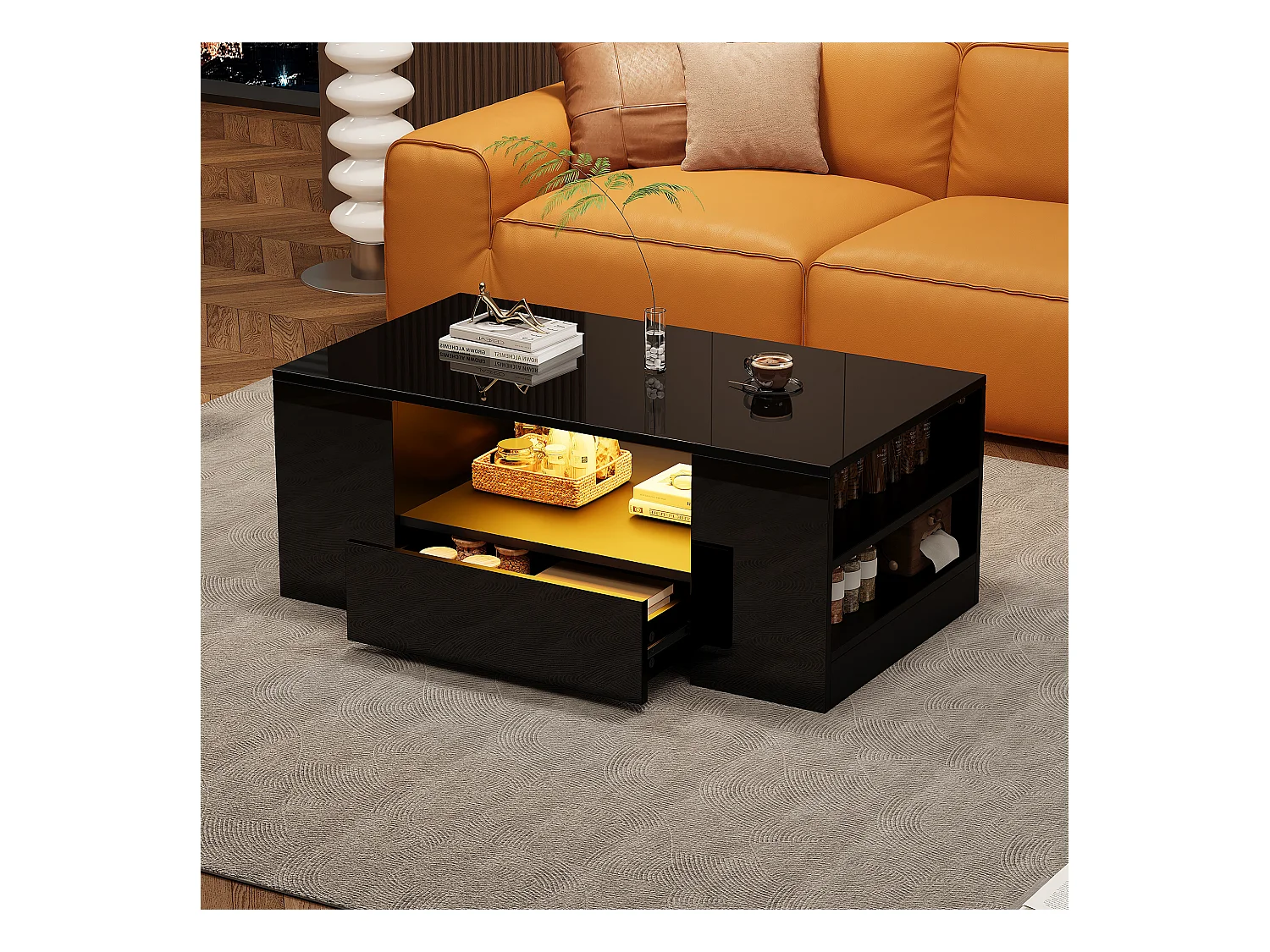 Table basse moderne 95x53x37cm finition brillante 2 tiroirs 2 étagères Noir pour salon