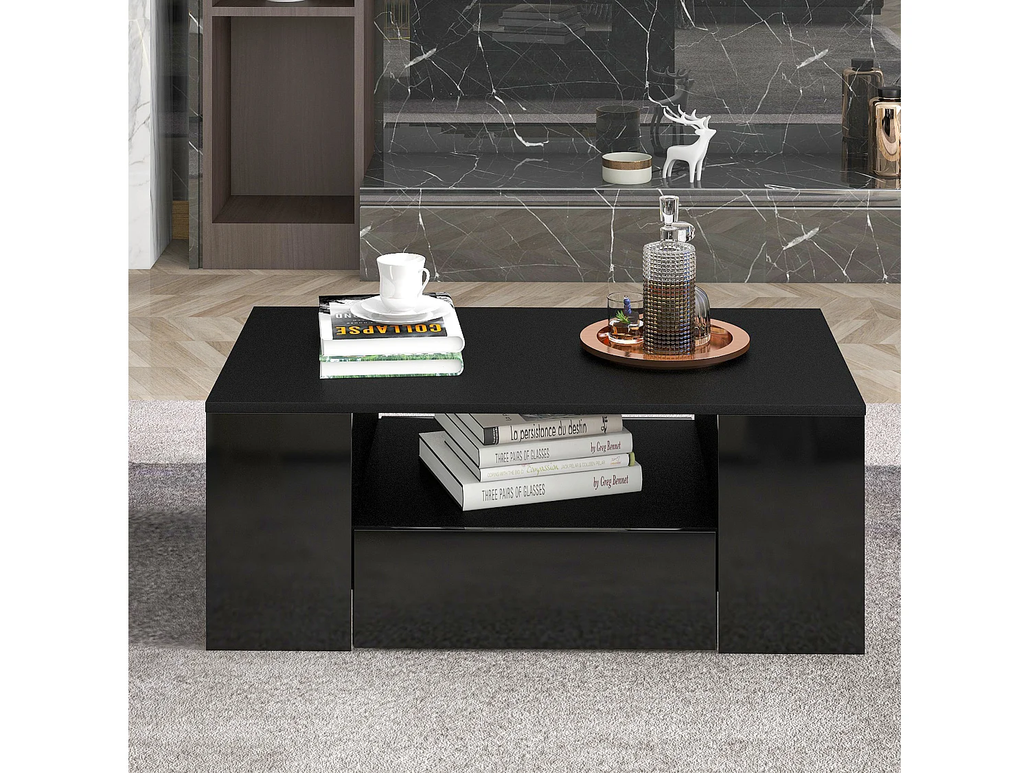 Table basse moderne 95x53x37cm finition brillante 2 tiroirs 2 étagères Noir pour salon