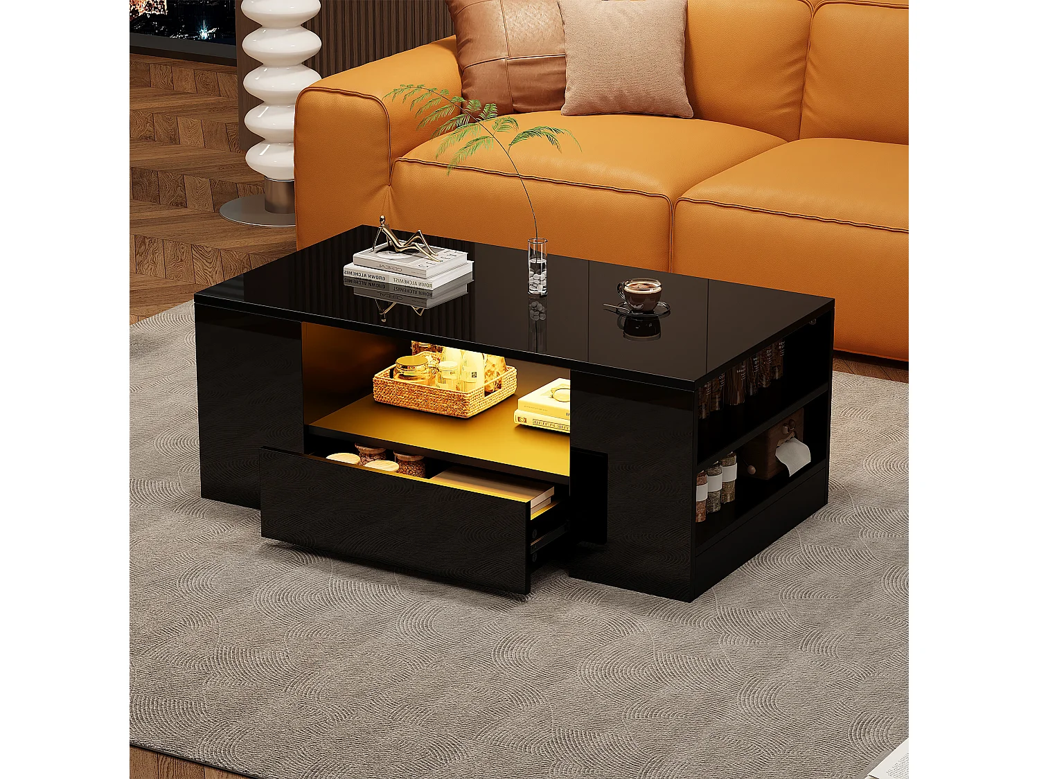 Table basse moderne 95x53x37cm finition brillante 2 tiroirs 2 étagères Noir pour salon