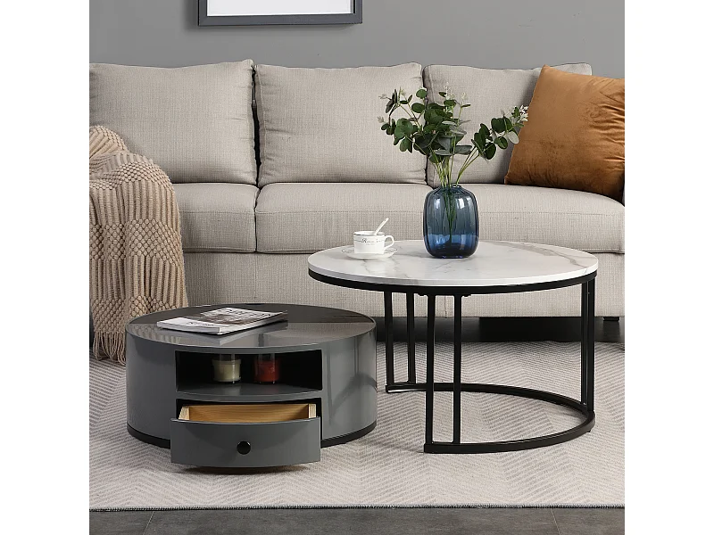 Set van 2 in elkaar passende salontafels met glanzende marmeren afwerking en opbergruimte in zwart en grijs PVC elegant voor de woonkamer