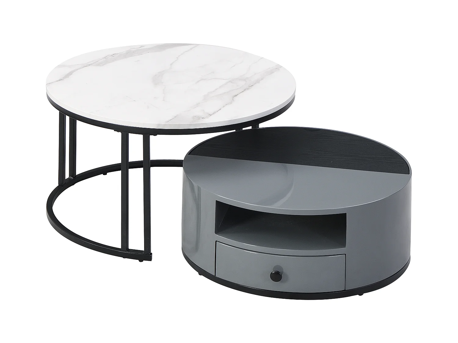 Set van 2 in elkaar passende salontafels met glanzende marmeren afwerking en opbergruimte in zwart en grijs PVC elegant voor de woonkamer