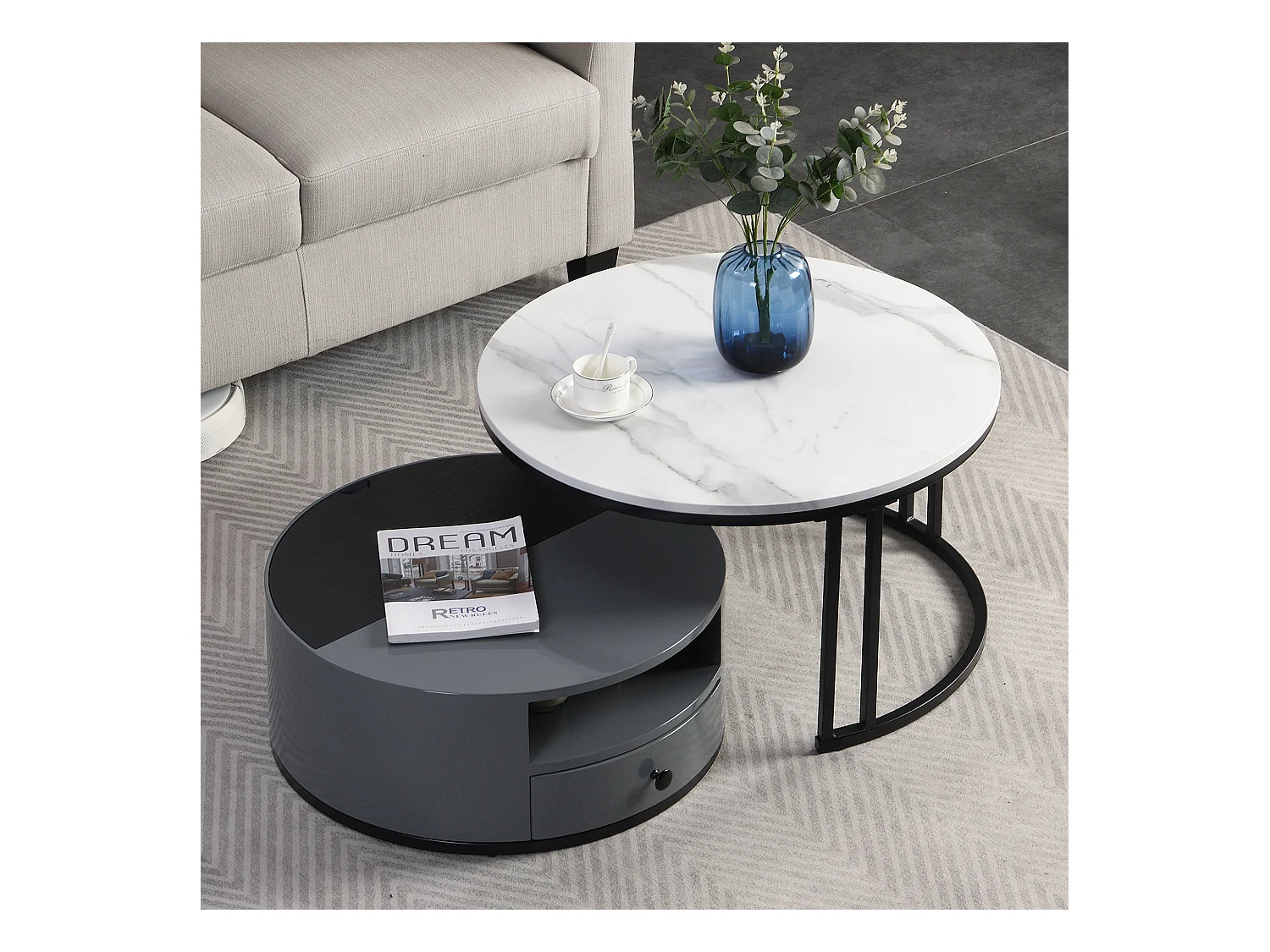 Set van 2 in elkaar passende salontafels met glanzende marmeren afwerking en opbergruimte in zwart en grijs PVC elegant voor de woonkamer