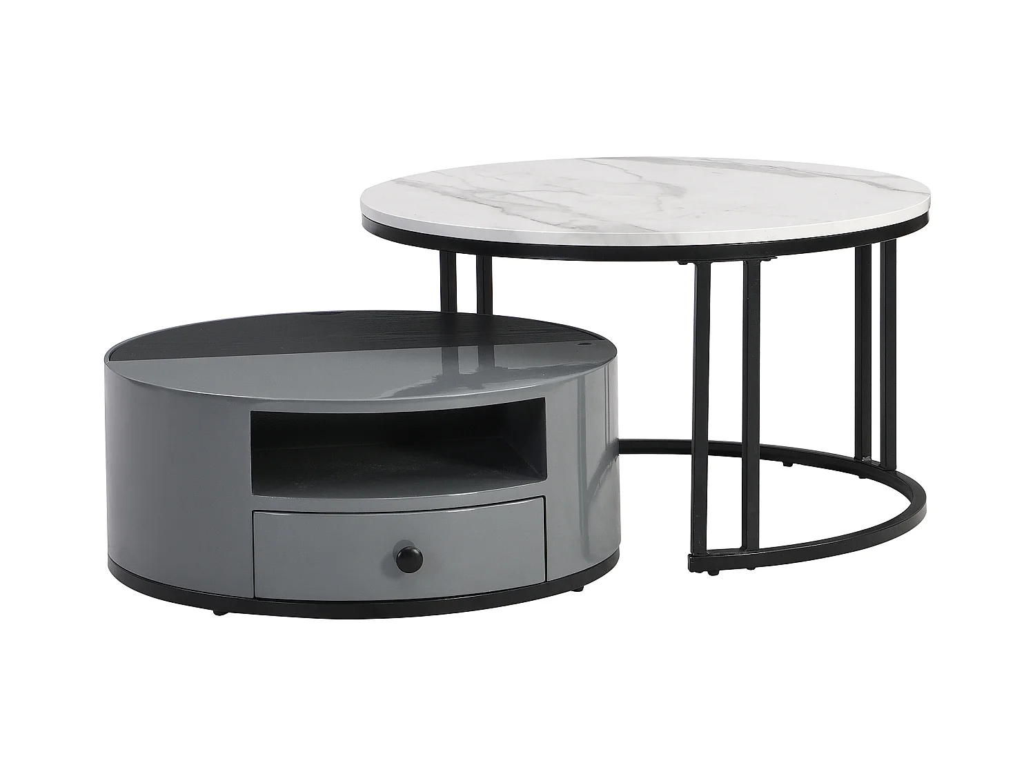 Set van 2 in elkaar passende salontafels met glanzende marmeren afwerking en opbergruimte in zwart en grijs PVC elegant voor de woonkamer