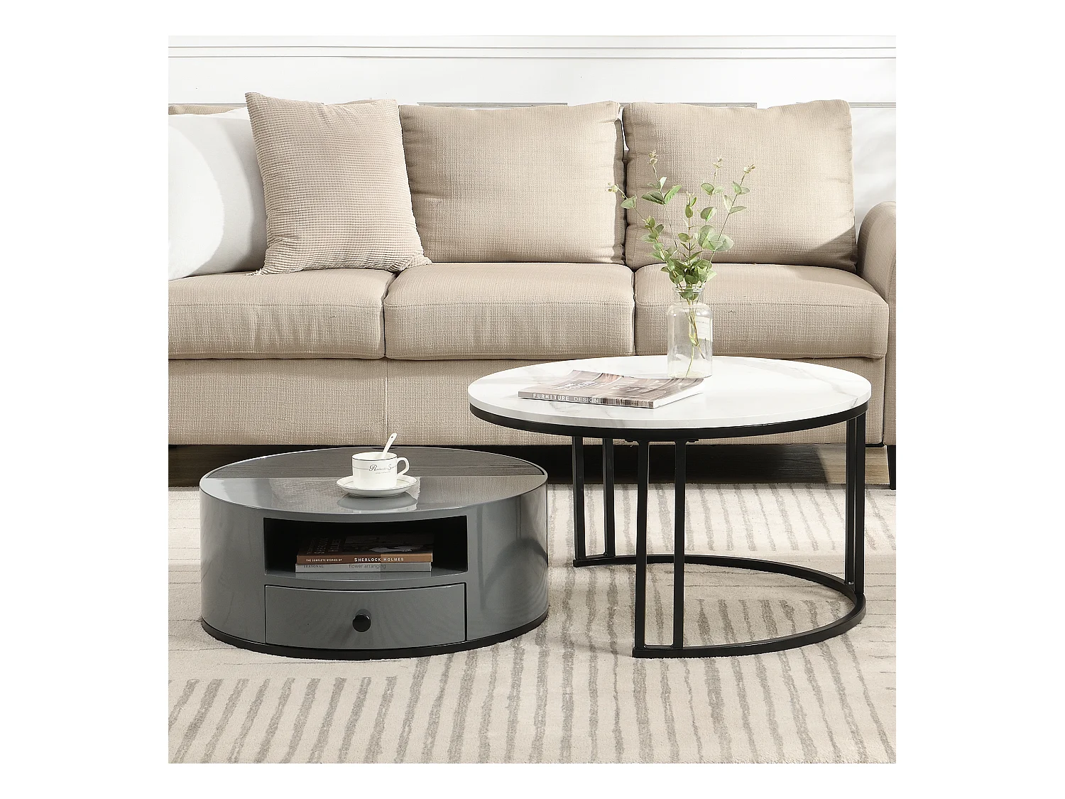 Set van 2 in elkaar passende salontafels met glanzende marmeren afwerking en opbergruimte in zwart en grijs PVC elegant voor de woonkamer