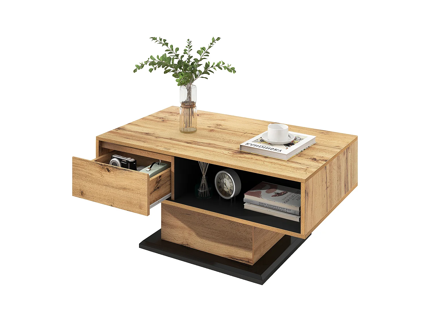 Table basse 100x60x47cm Tiroir Sans Poignée Compartiment de Rangement Compartiment Arrière Particle Board Couleur naturelle