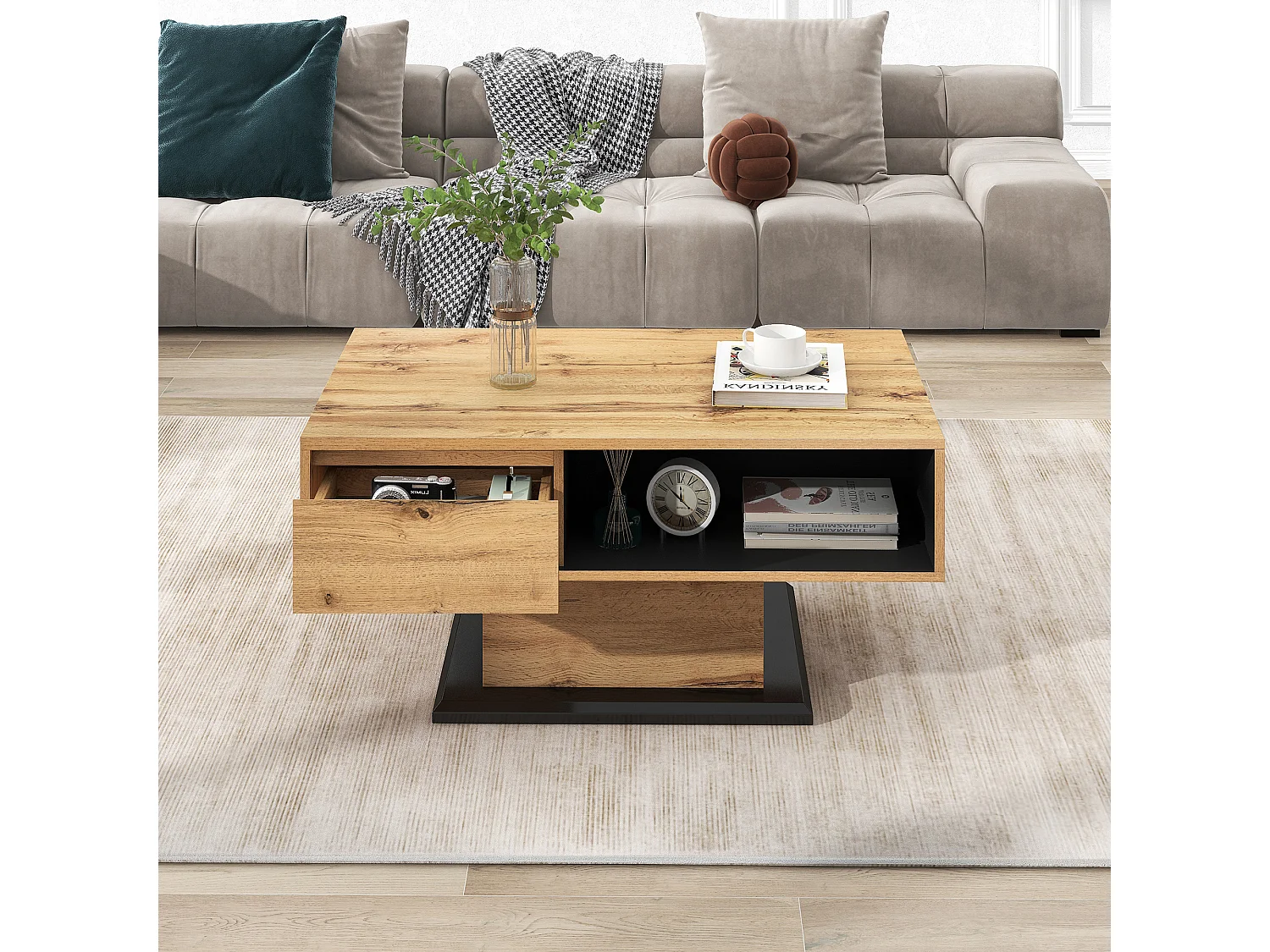 Table basse 100x60x47cm Tiroir Sans Poignée Compartiment de Rangement Compartiment Arrière Particle Board Couleur naturelle