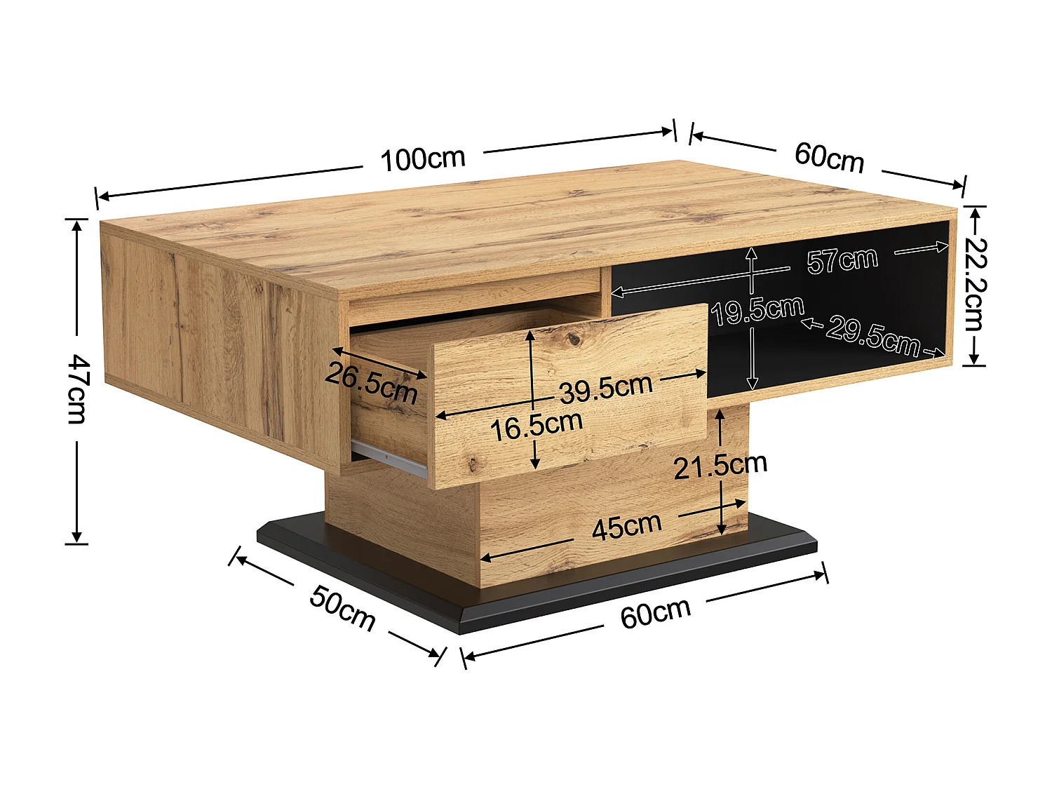 Table basse 100x60x47 cm, grande capacité de rangement, design sans poignées, panneaux de particules, naturel
