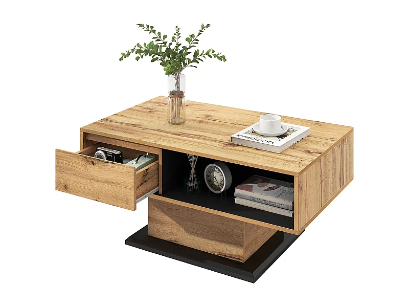 Table basse 100x60x47 cm, grande capacité de rangement, design sans poignées, panneaux de particules, naturel