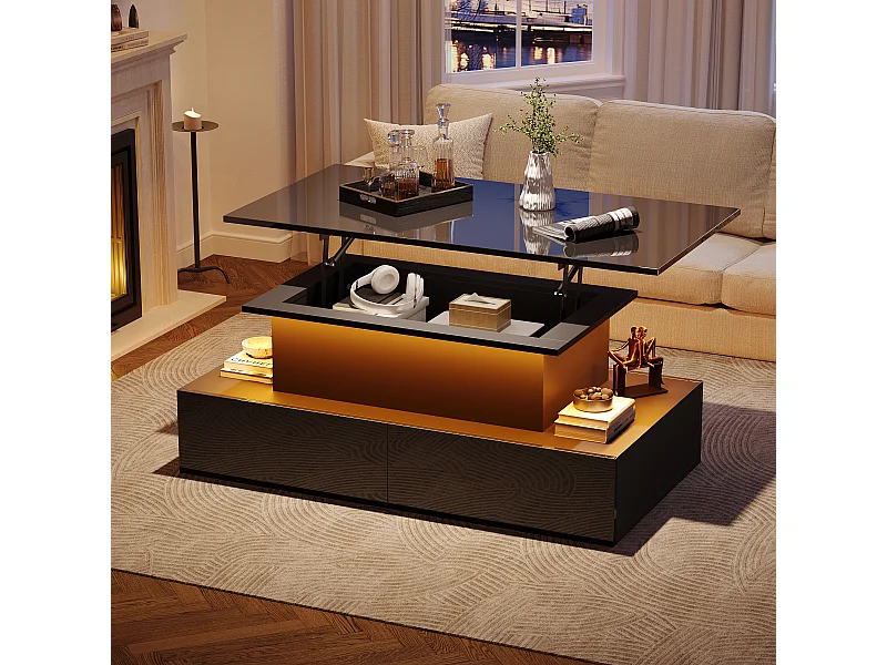 Table basse 90x55x41 cm LED 4 tiroirs noir salon contemporain