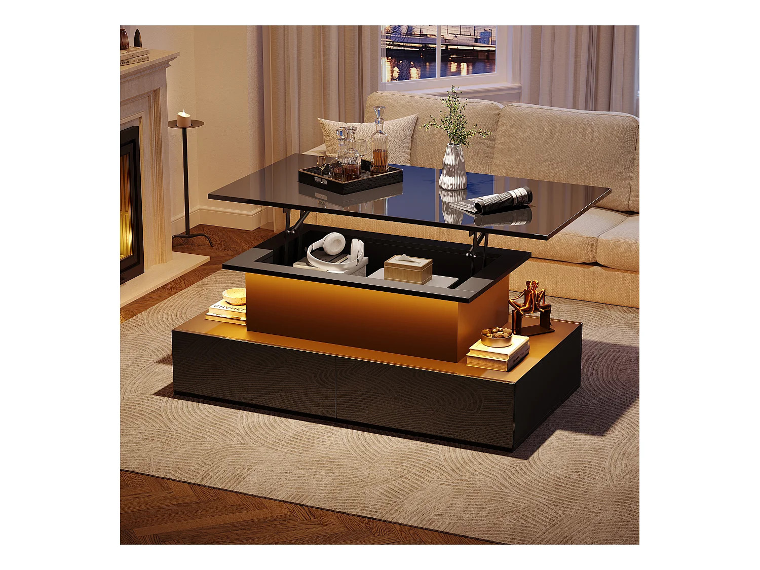 Table basse 90x55x41 cm LED 4 tiroirs noir salon contemporain