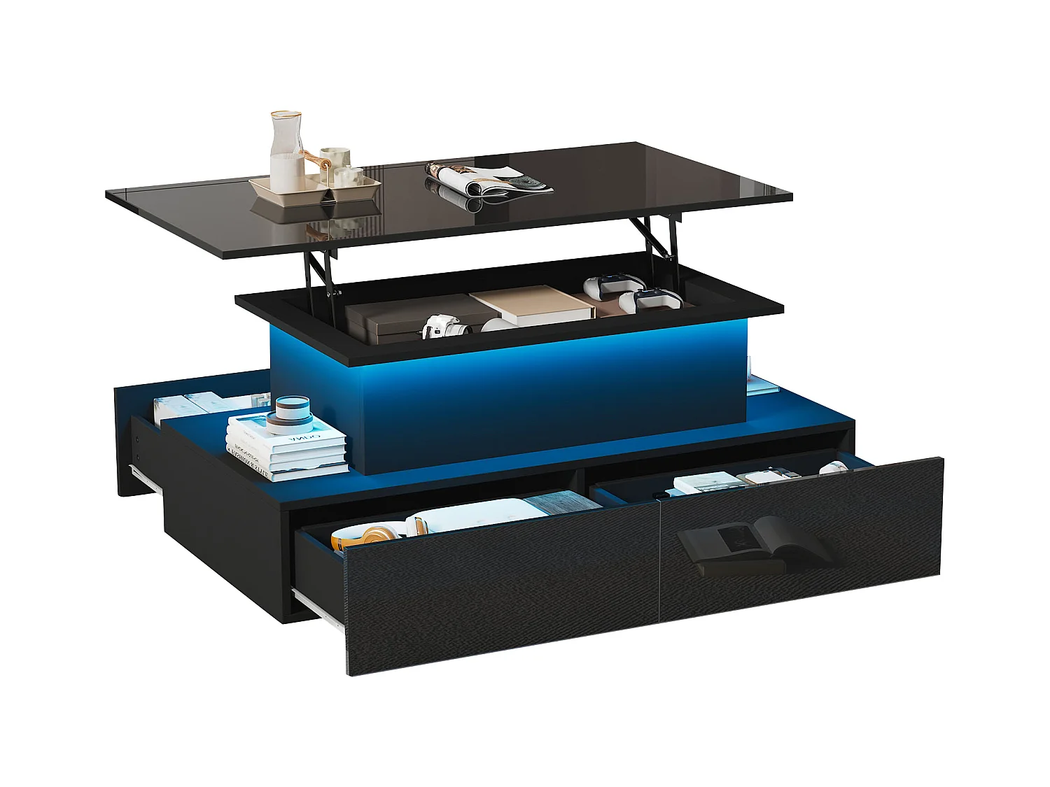 Table basse 90x55x41 cm LED 4 tiroirs noir salon contemporain