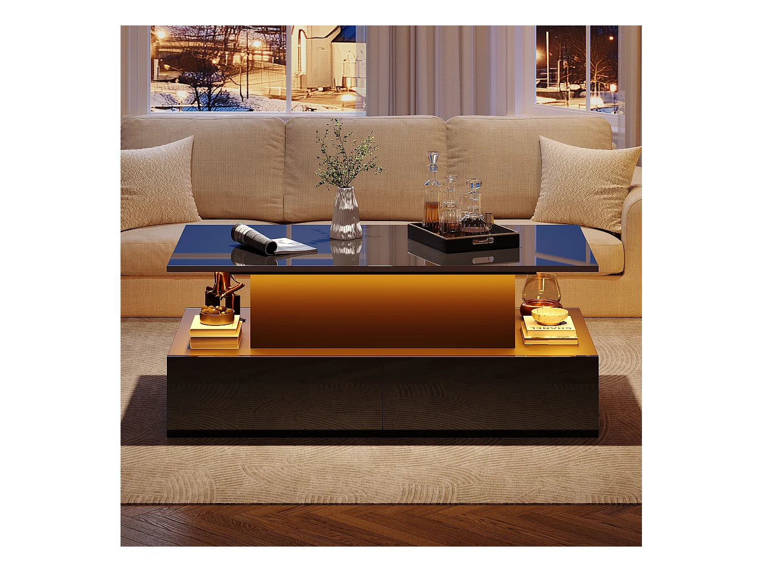 Table basse 90x55x41 cm LED 4 tiroirs noir salon contemporain