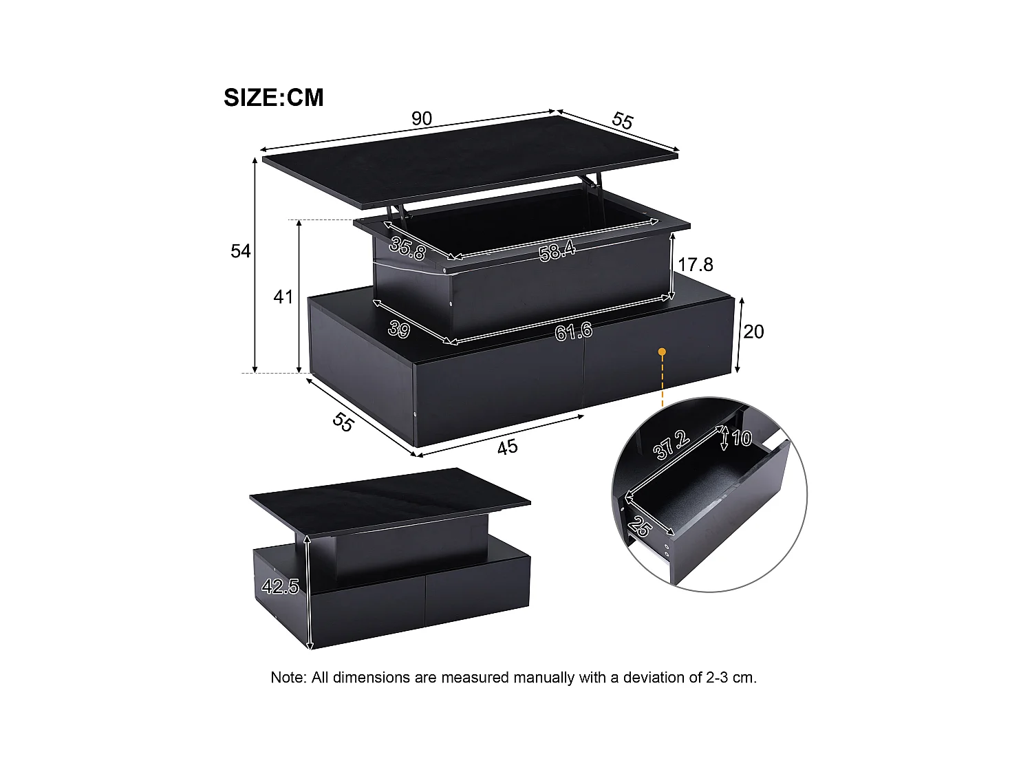 Table basse 90x55x41 cm LED 4 tiroirs noir salon contemporain