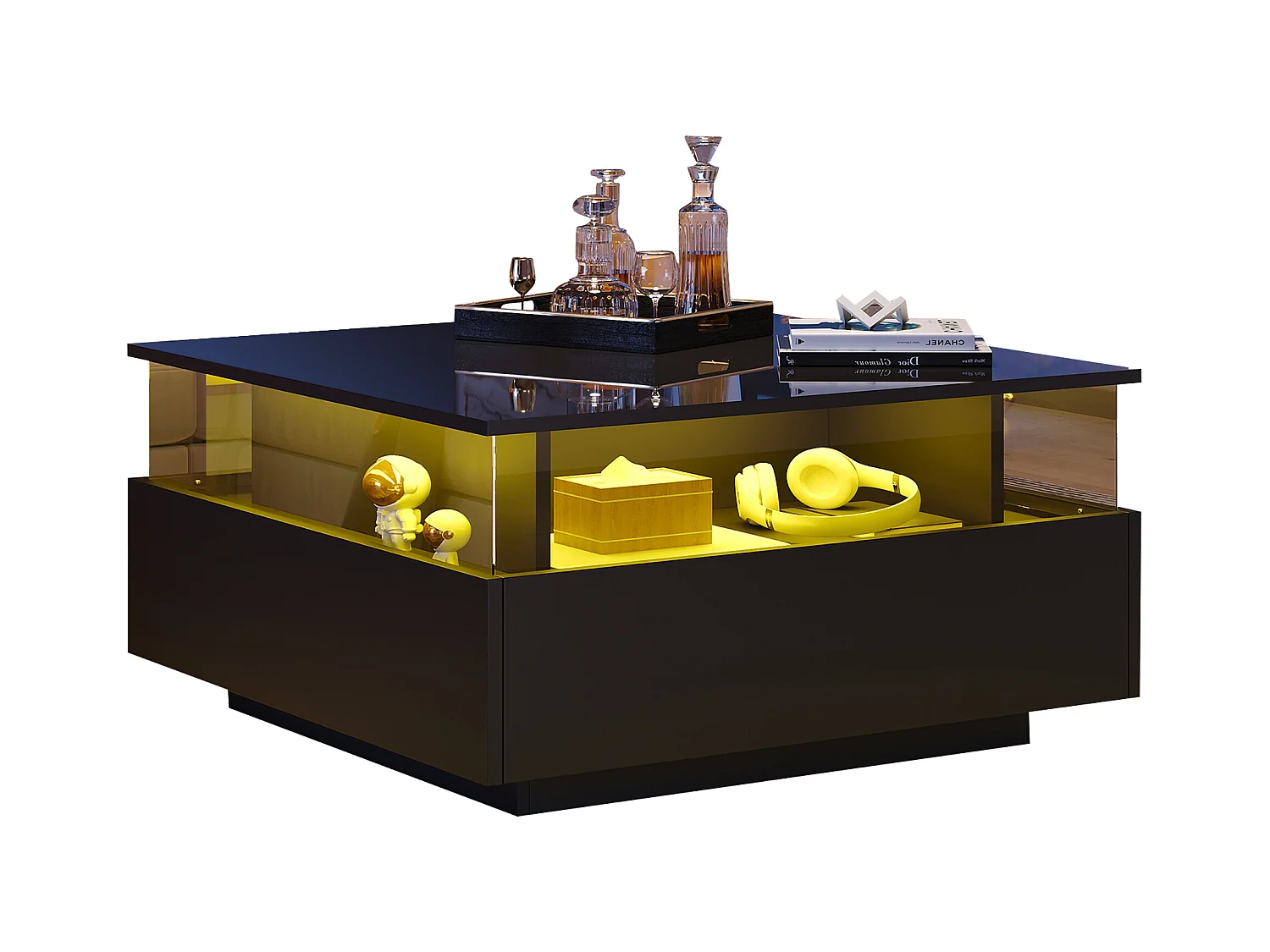 Table basse LED 70x70x41 cm verre brillant 2 tiroirs Noir