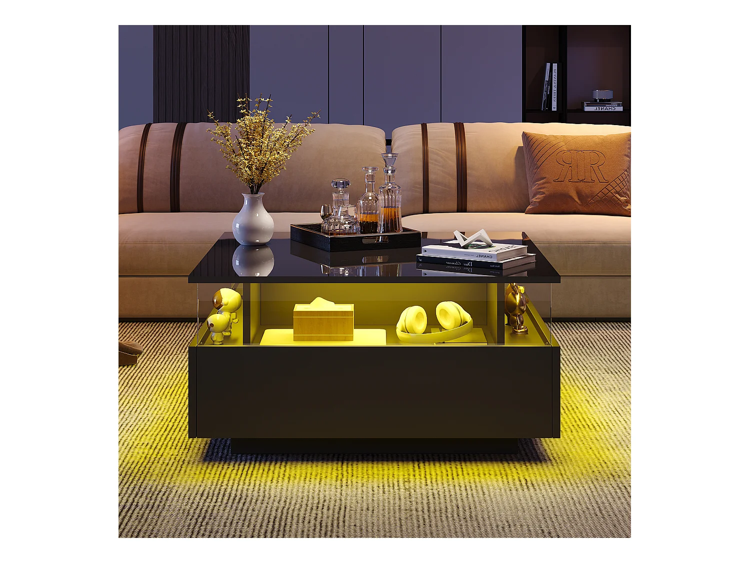 Table basse LED 70x70x41 cm verre brillant 2 tiroirs Noir