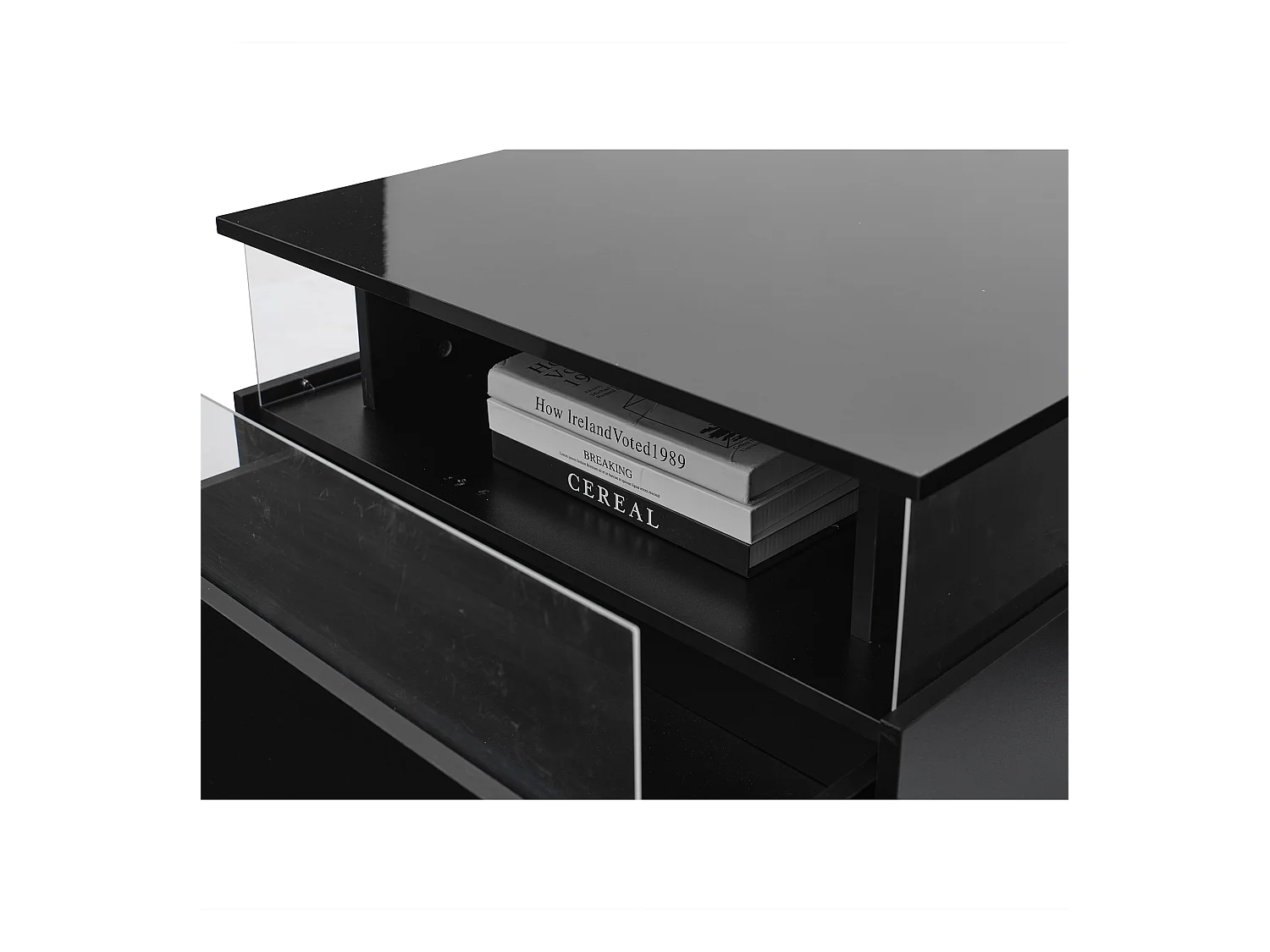 Table basse LED 70x70x41 cm verre brillant 2 tiroirs Noir