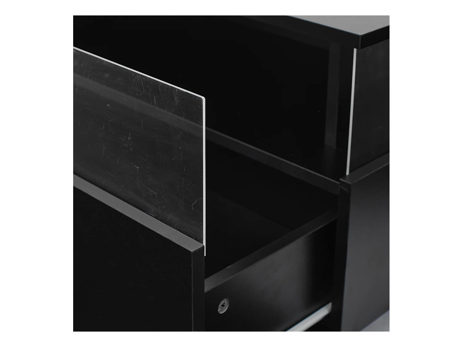 Table basse LED 70x70x41 cm verre brillant 2 tiroirs Noir