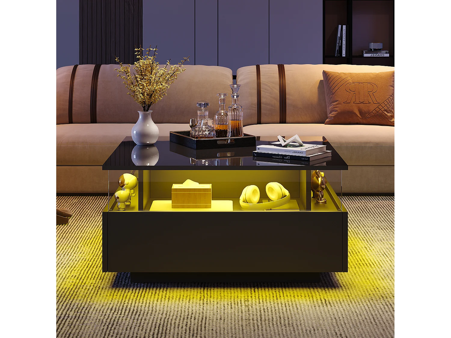 Table basse LED 70x70x41 cm verre brillant 2 tiroirs Noir