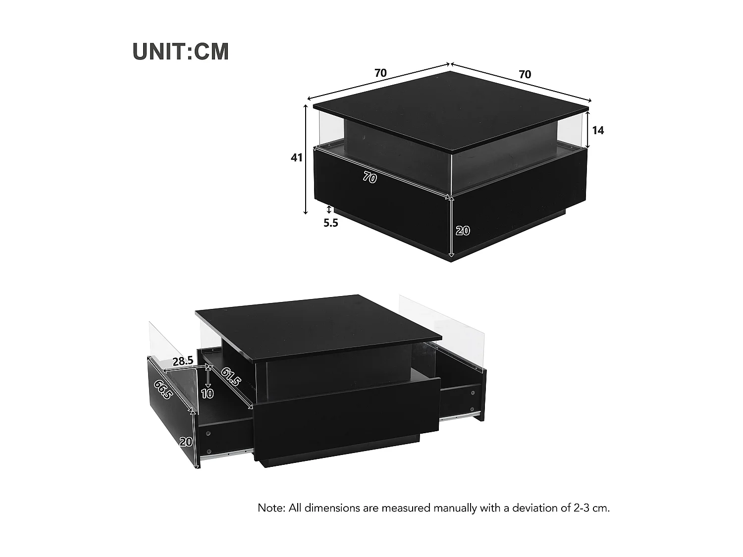 Table basse LED 70x70x41 cm verre brillant 2 tiroirs Noir