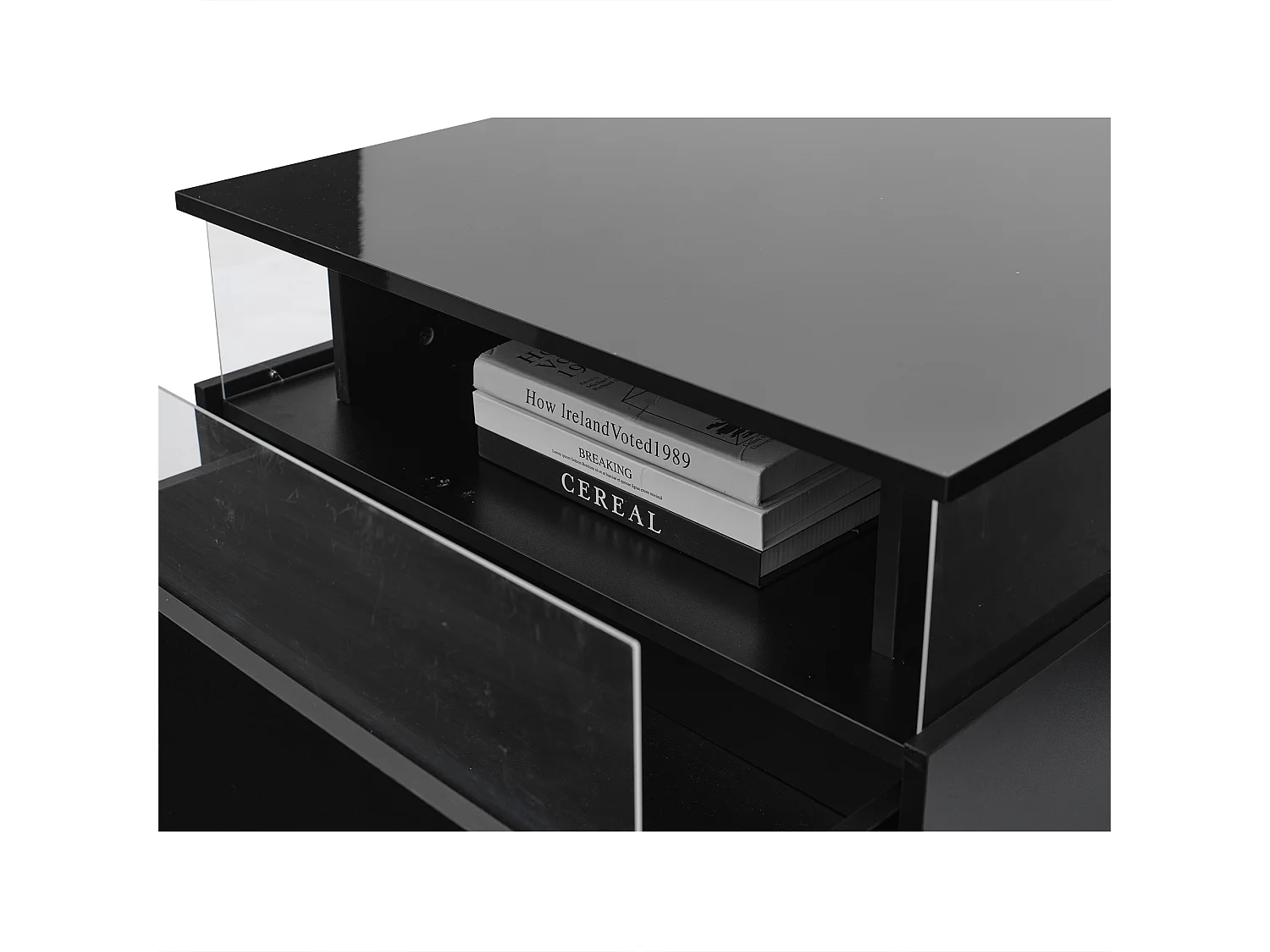 Table basse LED 70x70x41 cm verre brillant 2 tiroirs Noir