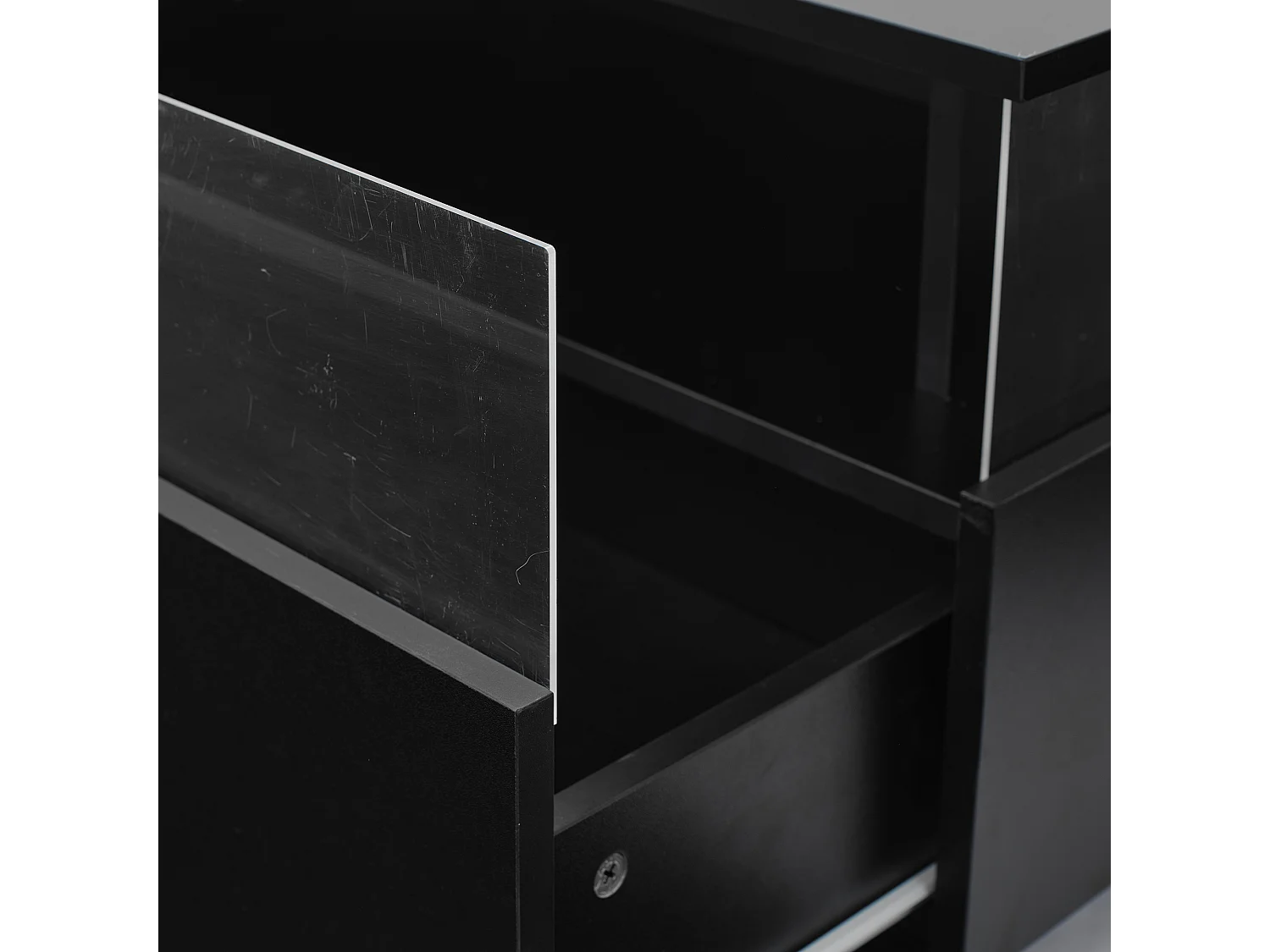 Table basse LED 70x70x41 cm verre brillant 2 tiroirs Noir