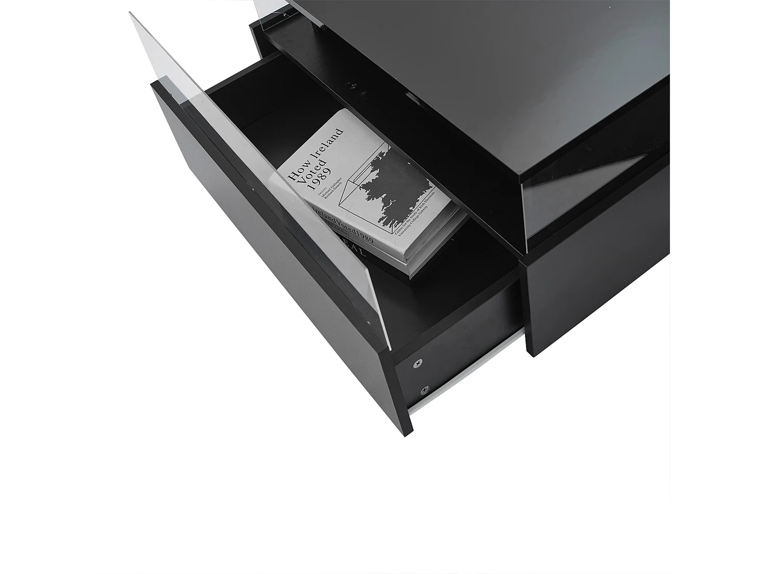 Table basse LED 70x70x41 cm verre brillant 2 tiroirs Noir