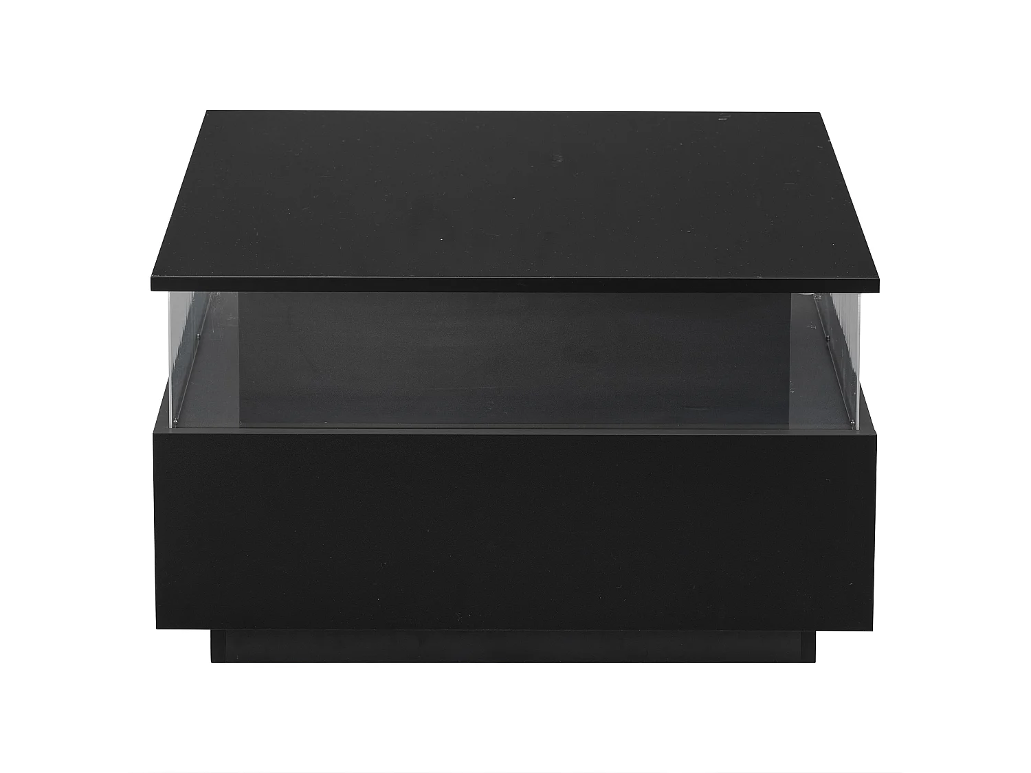 Salontafel 70x70x41 cm, verstelbare LED-verlichting, 2 laden, transparant presentatiegebied, zwarte spaanplaat