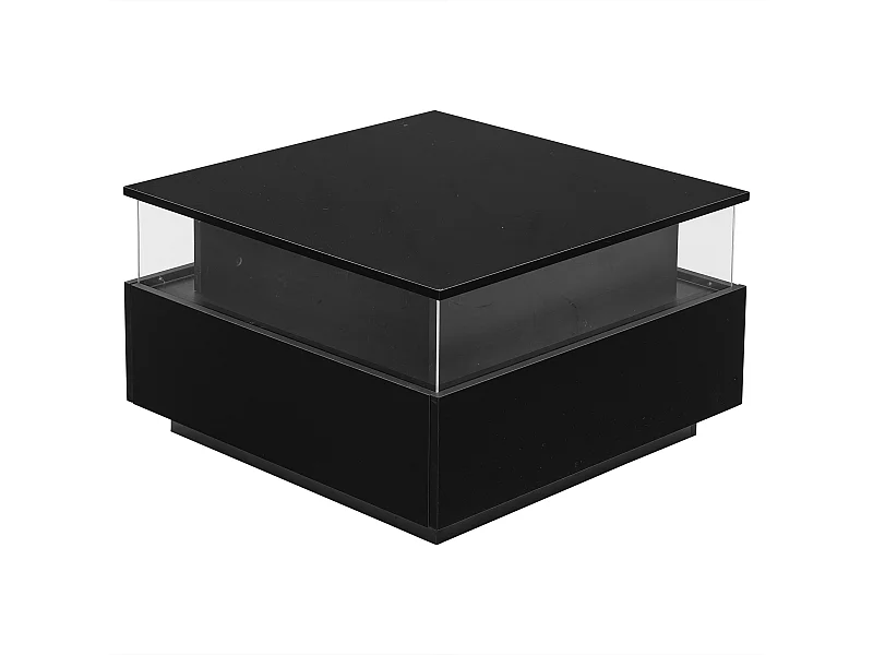 Table basse 70x70x41 cm, éclairage LED réglable, 2 tiroirs, zone de présentation transparente, panneaux de particules noir